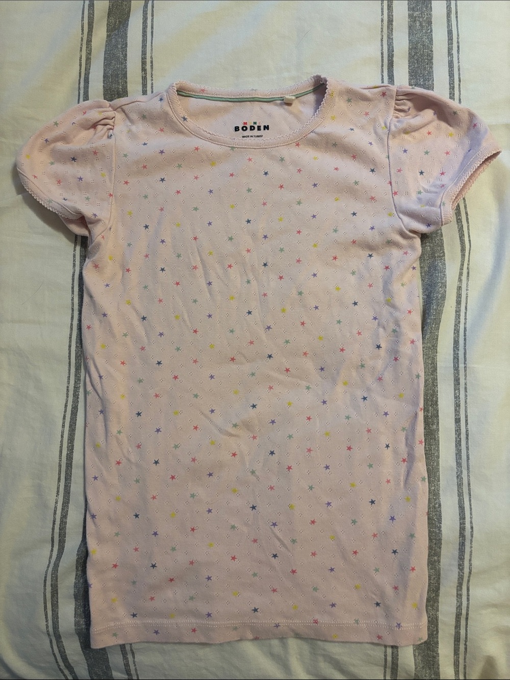 Mini Boden Light Pink Star-Print Pointelle Puff Sleeve Tee 11/12